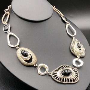 Hammered Distressed Grunge Collar Necklace Antique Silver Tone Faux Black Stones